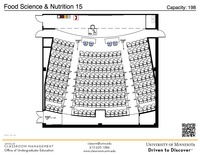 Plan view of the classroom that provides room capacity, seating locations and exits. A QR code links to room schedule and contact information is in the footer