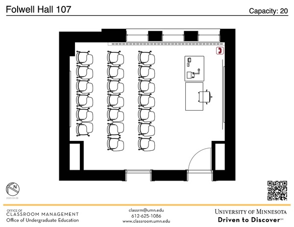 Plan view of the classroom that provides room capacity, seating locations and exits. A QR code links to room schedule and contact information is in the footer