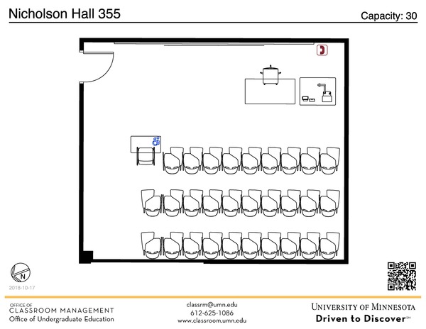 Plan view of the classroom that provides room capacity, seating locations and exits. A QR code links to room schedule and contact information is in the footer