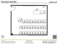 Plan view of the classroom that provides room capacity, seating locations and exits. A QR code links to room schedule and contact information is in the footer