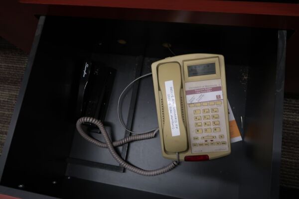 Pedestal - inside view of drawer showing telephone