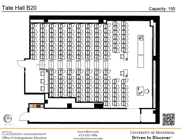 Plan view of the classroom that provides room capacity, seating locations and exits. A QR code links to room schedule and contact information is in the footer