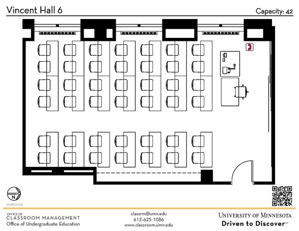 Plan view of the classroom that provides room capacity, seating locations and exits. A QR code links to room schedule and contact information is in the footer