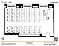 Plan view of the classroom that provides room capacity, seating locations and exits. A QR code links to room schedule and contact information is in the footer