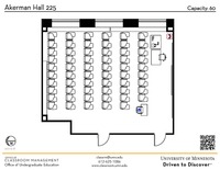 Plan view of the classroom that provides room capacity, seating locations and exits. A QR code links to room schedule and contact information is in the footer