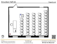 Plan view of the classroom that provides room capacity, seating locations and exits. A QR code links to room schedule and contact information is in the footer