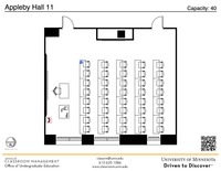 Plan view of the classroom that provides room capacity, seating locations and exits. A QR code links to room schedule and contact information is in the footer