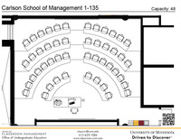 Plan view of the classroom that provides room capacity, seating locations and exits. A QR code links to room schedule and contact information is in the footer