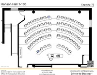 Plan view of the classroom that provides room capacity, seating locations and exits. A QR code links to room schedule and contact information is in the footer