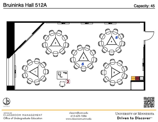 Plan view of the classroom that provides room capacity, seating locations and exits. A QR code links to room schedule and contact information is in the footer