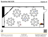 Plan view of the classroom that provides room capacity, seating locations and exits. A QR code links to room schedule and contact information is in the footer