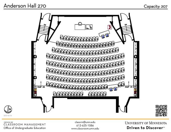 Plan view of the classroom that provides room capacity, seating locations and exits. A QR code links to room schedule and contact information is in the footer