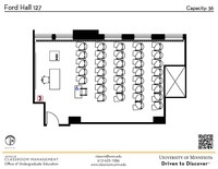 Plan view of the classroom that provides room capacity, seating locations and exits. A QR code links to room schedule and contact information is in the footer